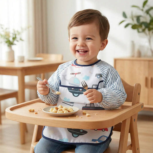 un petit garçon prend son goûter avec son bavoir manche longue imperméable modèle véhicules