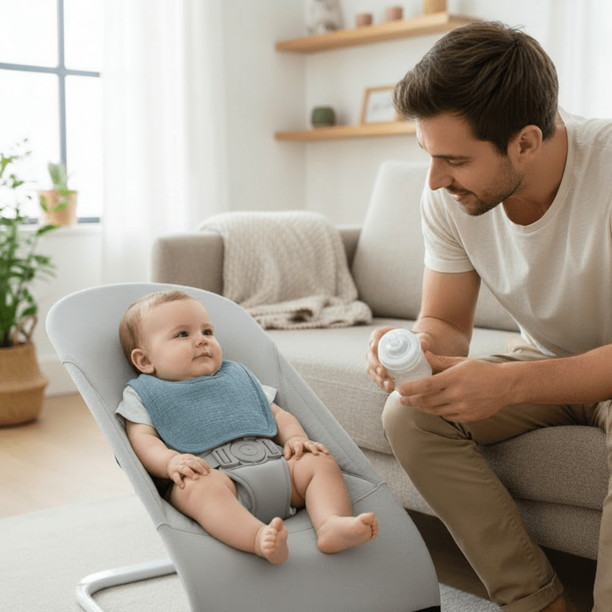 un bébé repu dans son transat avec son papa à ses côtés porte le bavoir en coton absorbant bleu denim