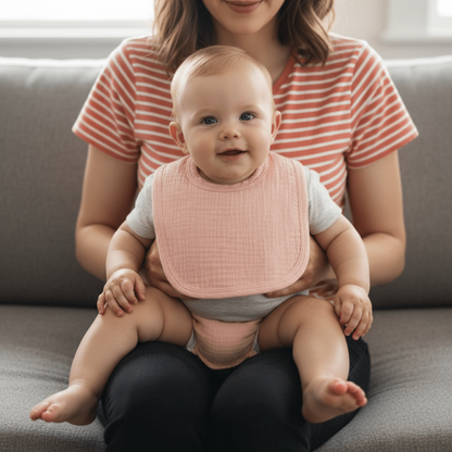 un bébé assis sur les genoux de sa maman porte le bavoir en coton absorbant rose saumon