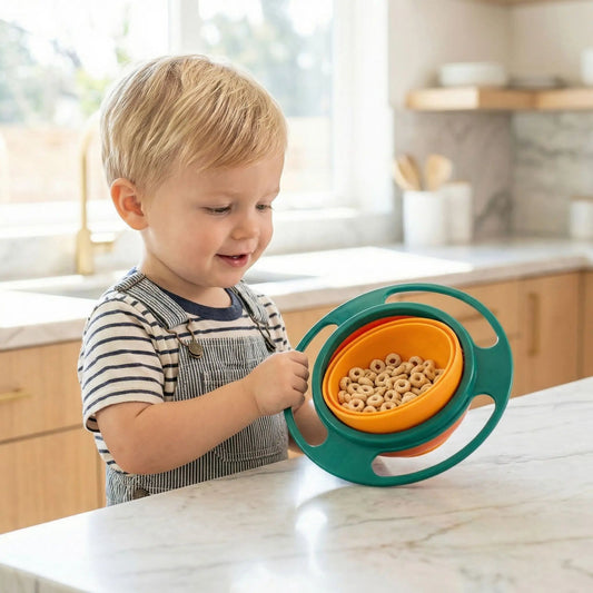 un enfant experimente le bol bebe coloris vert avec son systeme rotatif