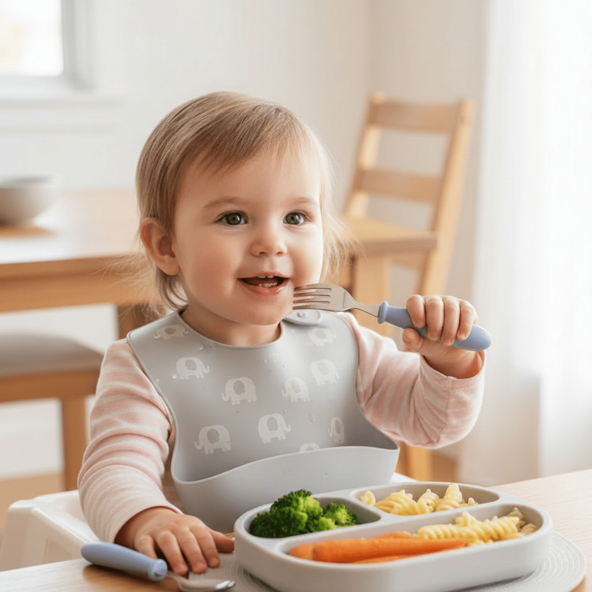 un enfant essaie son couvert bébé coloris bleu pour son repas.