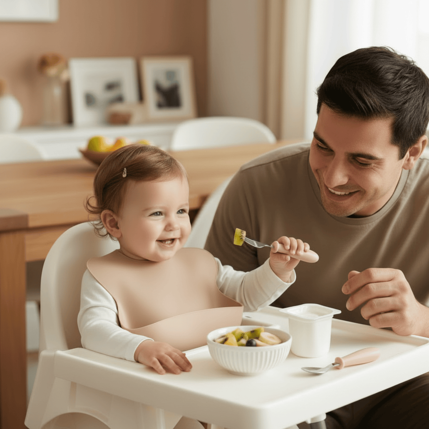 goûter d'une petite fille avec son papa à côté d'elle. L'enfant utilise la petite fourchette pour piquer des morceaux de kiwi. La cuillère coloris rose assortie est posée sur la tablette de chaise haute à proximité du yaourt.
