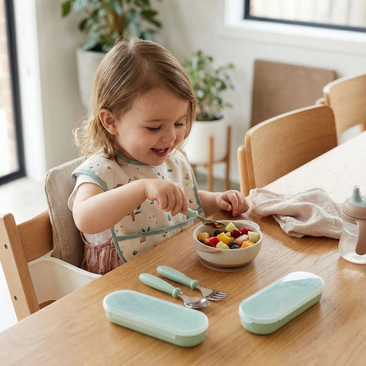 une fillette prend son goûter avec le couvert bébé coloris vert. 2 boîtes de rangement coloris assorti sont posées sur la table à côté des couverts : petite fourchette et petite cuillère manche silicone et tête inox. 