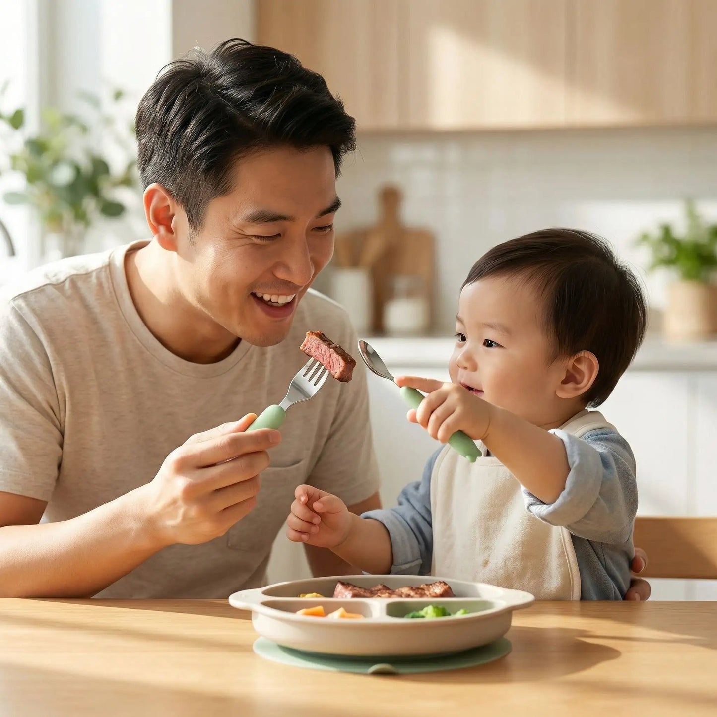 un papa aide son enfant au repas avec le couvert bébé antidérapant vert