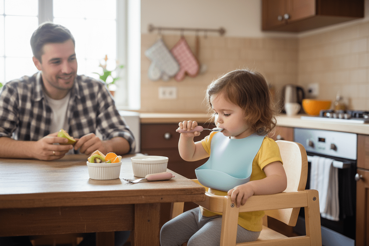 goûter d'une fillette avec son couvert bébé antidérapant rose
