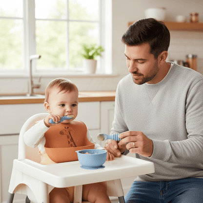 Un enfant mange avec son couvert bébé en silicone bleu avec son papa