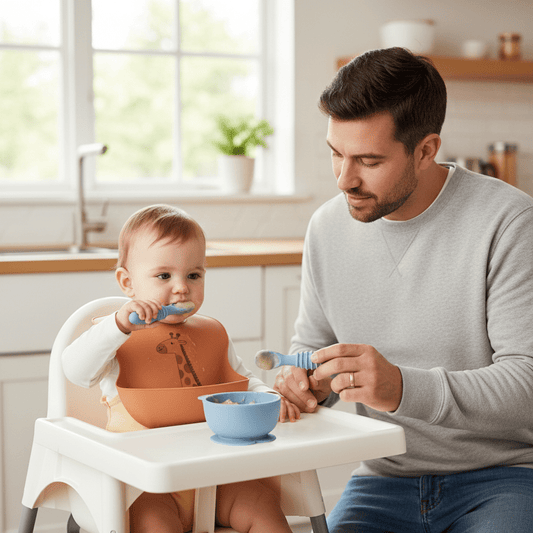 Un enfant mange avec son couvert bébé en silicone bleu avec son papa