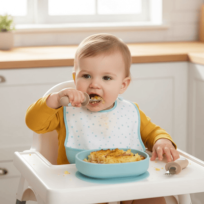 une fillette se régale de hachis parmentier avec son couvert pour bebe coloris marron taupe