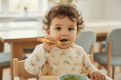 un enfant mange en autonomie avec sa cuillère bébé thermosensible jaune