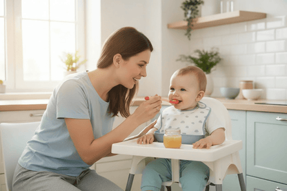 maman nourrissant son enfant avec la cuillère bébé thermosensible rose