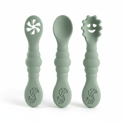 présentation du set de cuillere ergonomique bebe coloris vert