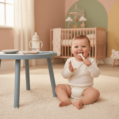 un enfant assis sur le tapis de sa chambre mordille une de ses cuilleres bebe pour soulager ses poussées dentaires. On voit les deux autres cuilleres bebe posées sur sa petite table d'enfant.
