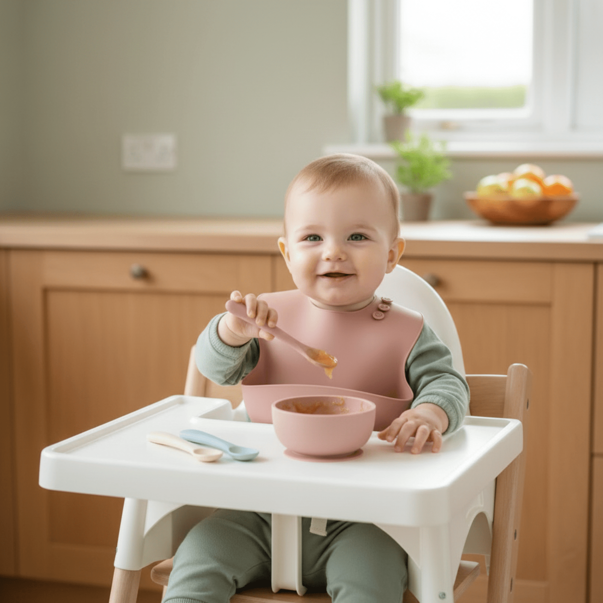 enfant mangeant dans sa chaise haute a le choix du coloris de ses 3 cuilleres bebe posées sur sa tablette. Il a pris la rose pour manger sa compote pomme abricot.