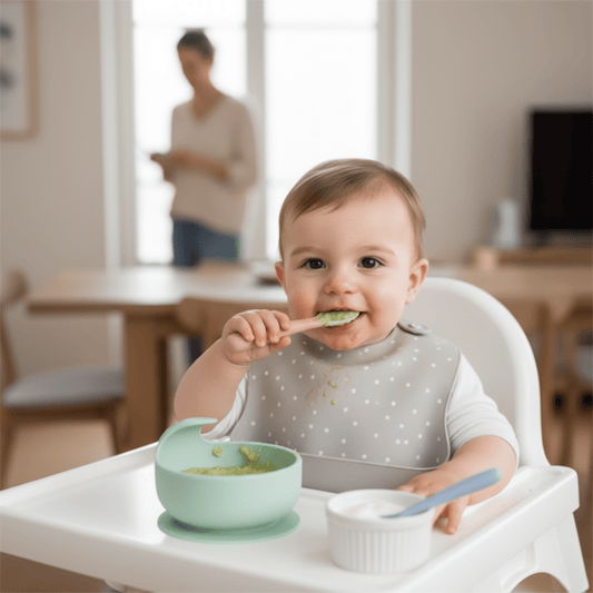 un enfant dans sa chaise haute utilise ses cuilleres bebe en silicone : coloris rose pour la purée de courgette et bleu pour le laitage, sous la surveilllance de sa maman