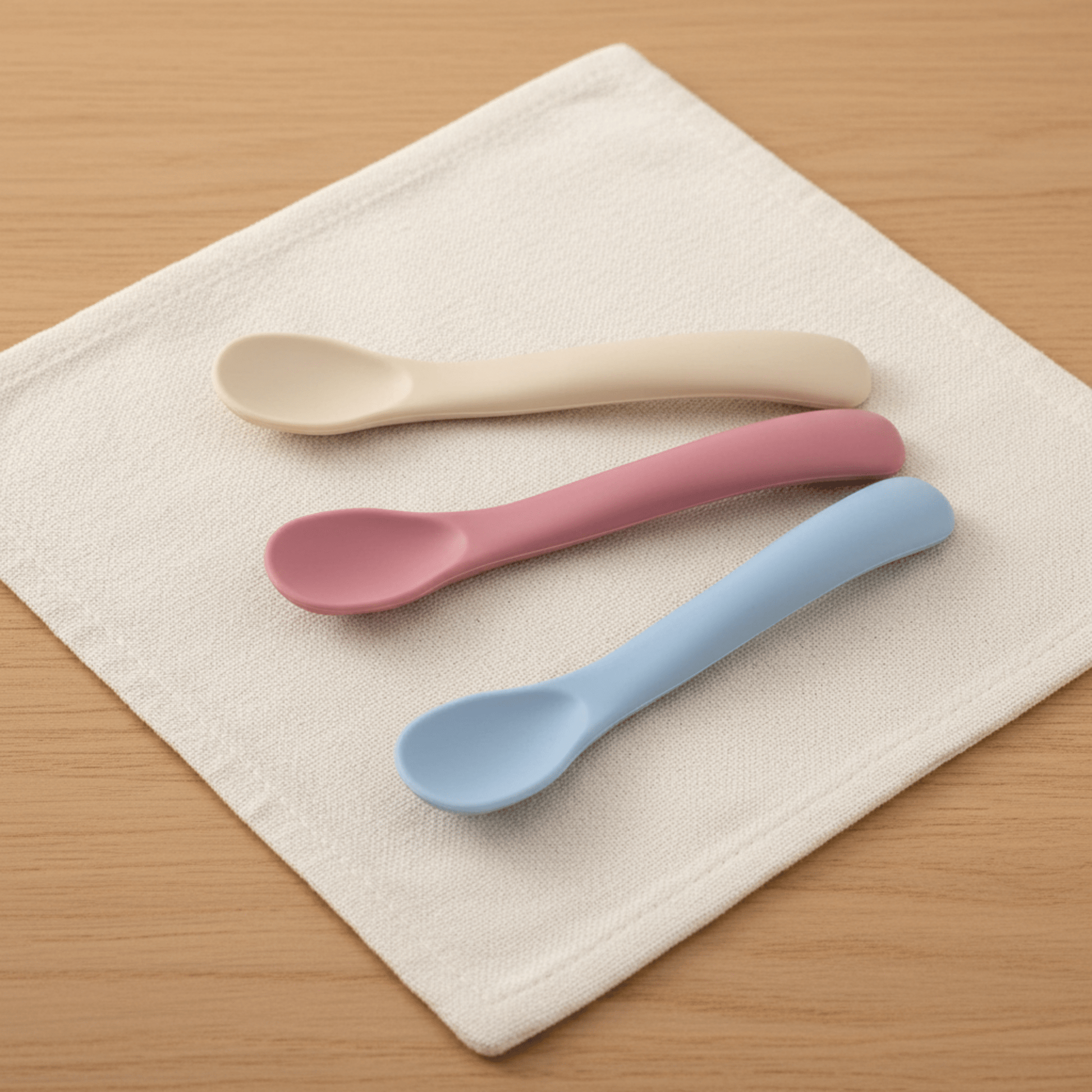 présentation du lot de 3 cuilleres bebe en silicone coloris beige, rose et bleu.