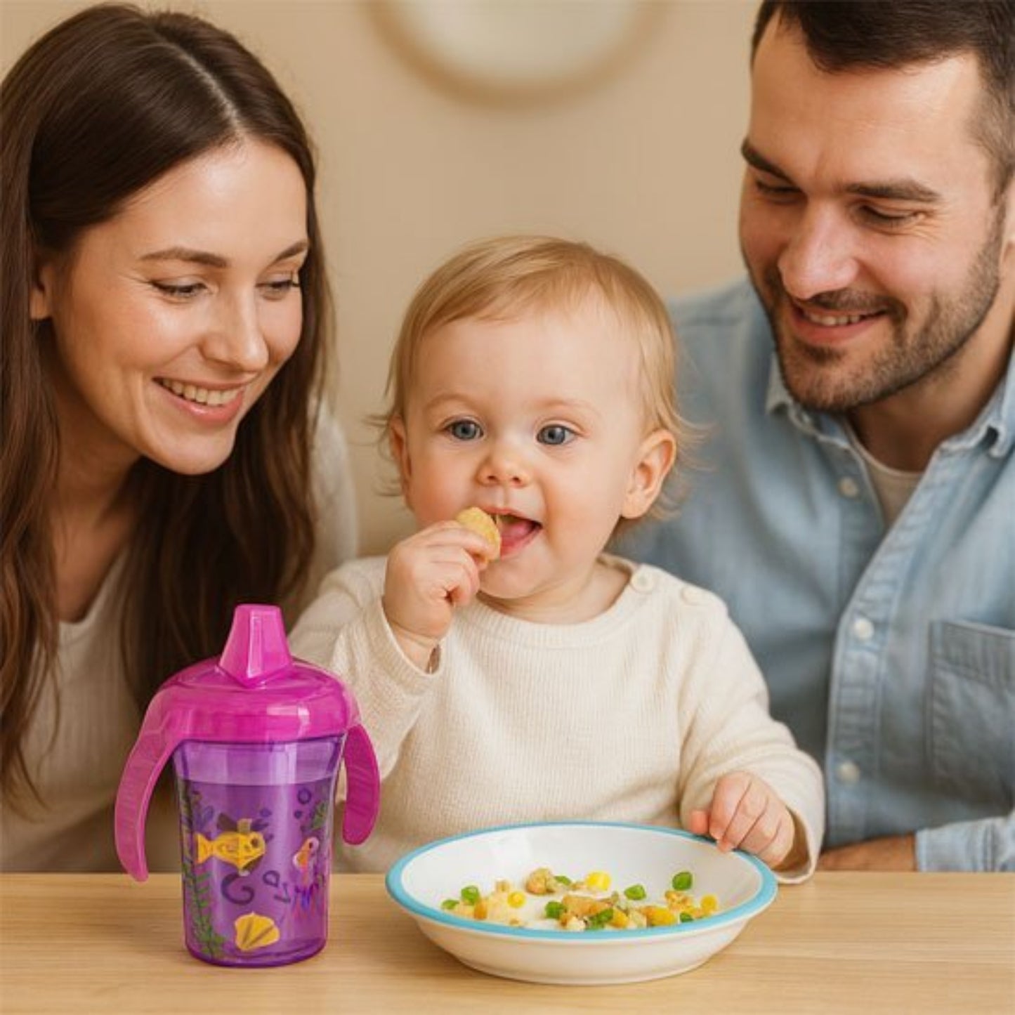 un enfant entouré de ses parents prend son déjeuner. Une assiette petits pois poulet maïs et un magnifique verre pour bébé à bec violet motif poisson