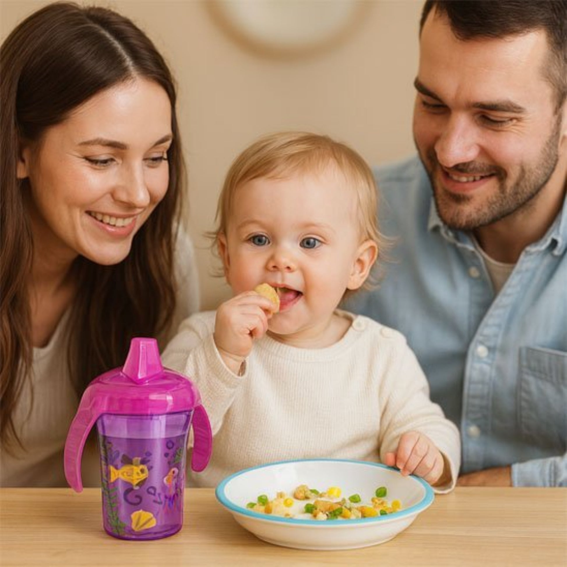 un enfant entouré de ses parents prend son déjeuner. Une assiette petits pois poulet maïs et un magnifique verre pour bébé à bec violet motif poisson