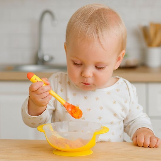 Un enfant mange de la purée de carotte dans son assiette bébé ventouse jaune