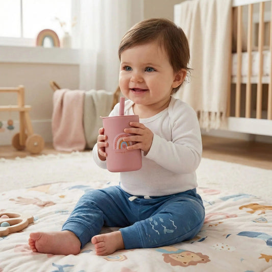 Une petite fille dans sa chambre boit à la paille de son verre bébé en silicone hermétique coloris rose rainbow