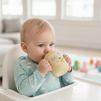 enfant dans sa chaise haute avec son gobelet bebe jaune motifs chiens