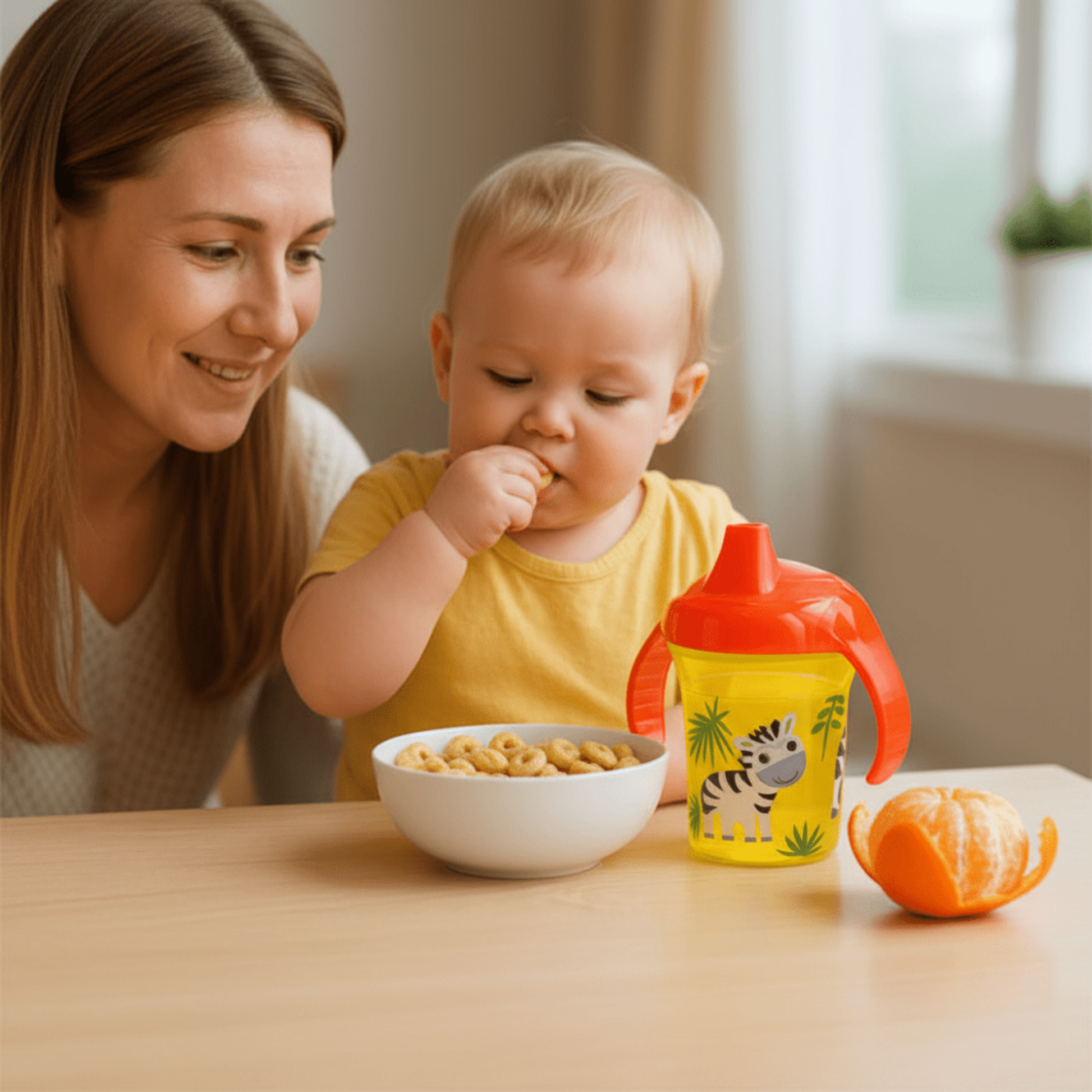 Jeune enfant au goûter avec verre pour bébé à bec coloris jaune motif zèbre, céréales et clémentine