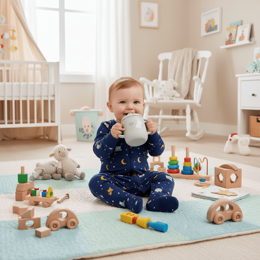enfant jouant dans sa chambre avec son gobelet bebe gris motifs lapins