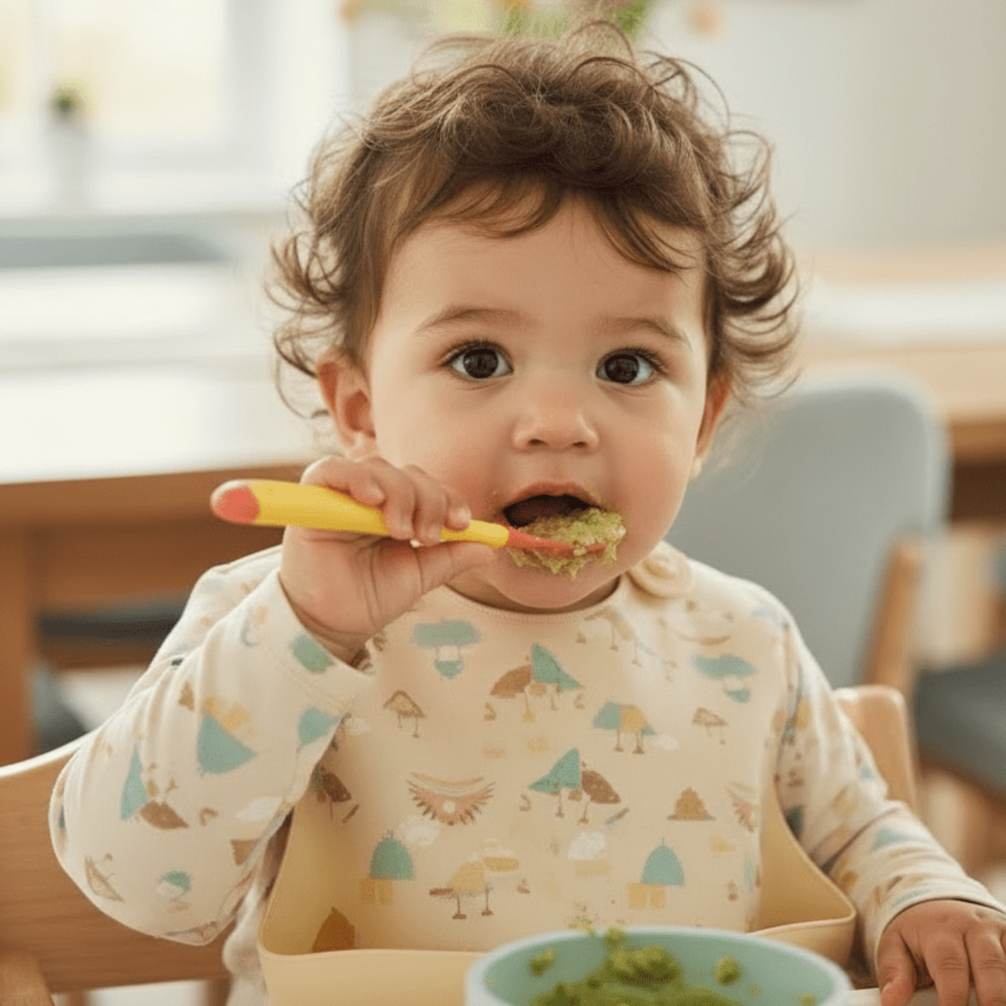un enfant mange en autonomie avec sa cuillère bébé thermosensible jaune