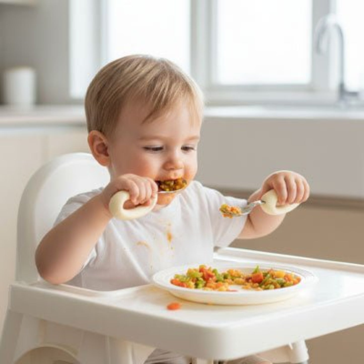  un enfant mange avec ses couverts bebe poignee grip coloris beige en toute autonomie