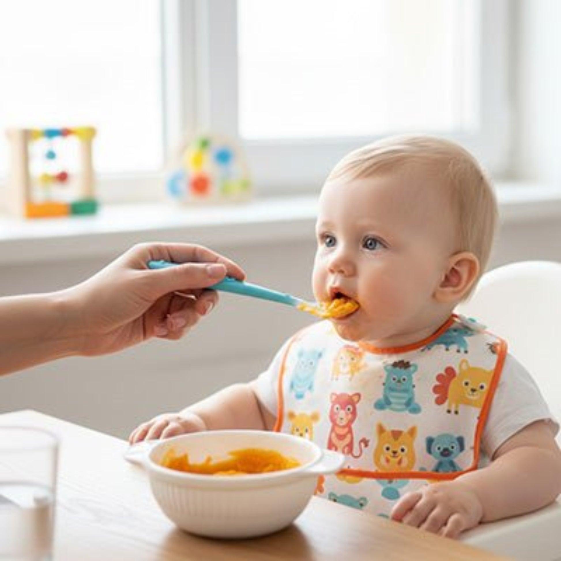 enfant nourri de purée de carotte avec la cuillere bebe en silicone bleue
