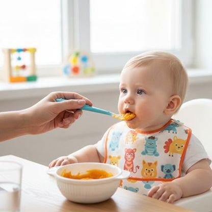 enfant nourri de purée de carotte avec la cuillere bebe en silicone bleue