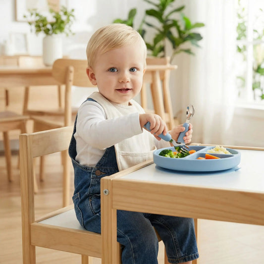 un enfant prend son repas avec le couvert bébé antiderapant bleu
