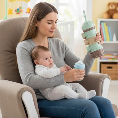 installée dans un fauteuil avec son bébé, une maman prépare rapidement le biberon avec la boite doseuse lait nomadbébé coloris vert