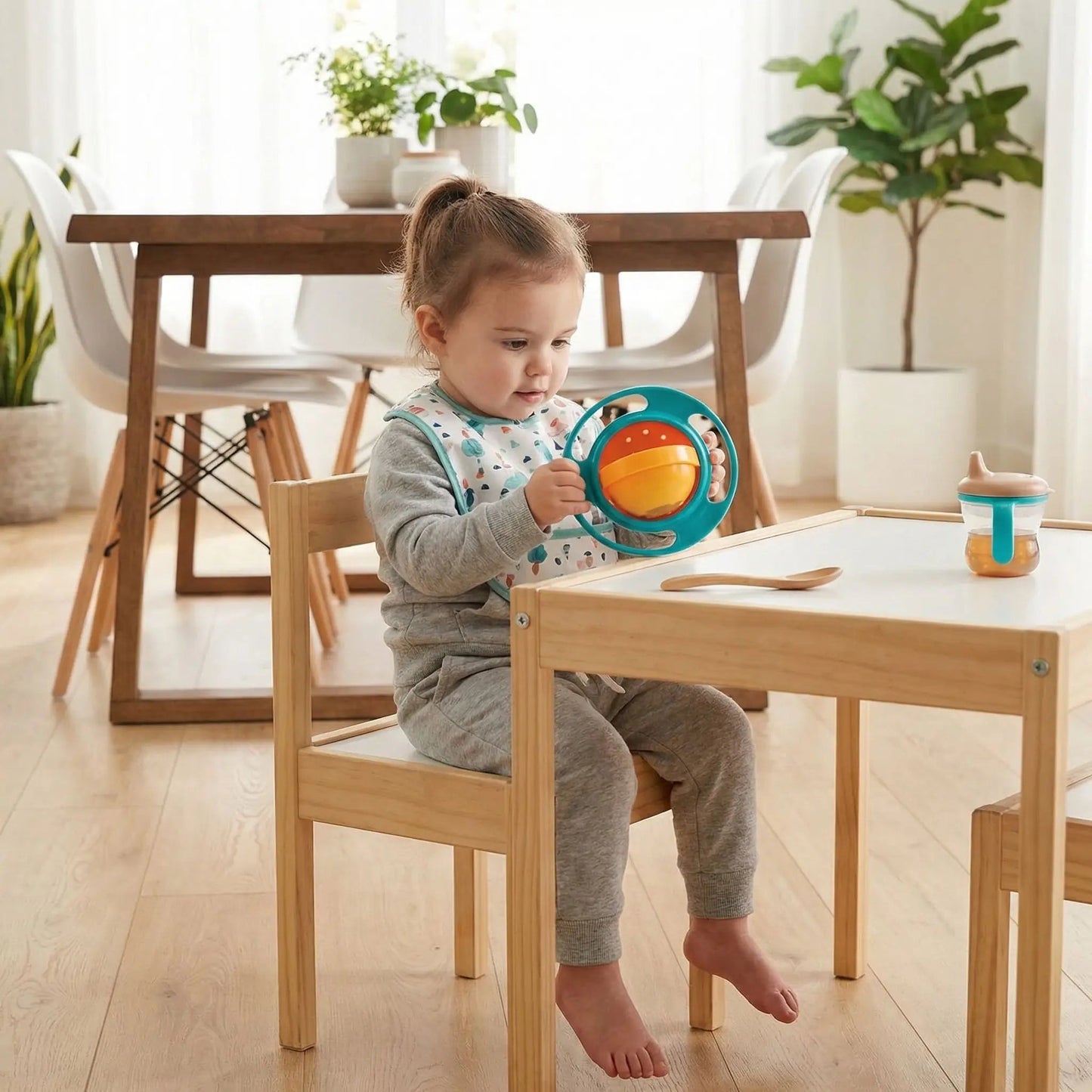 fillette assise à sa petite table observant le système gyroscopique de son bol bebe coloris bleu