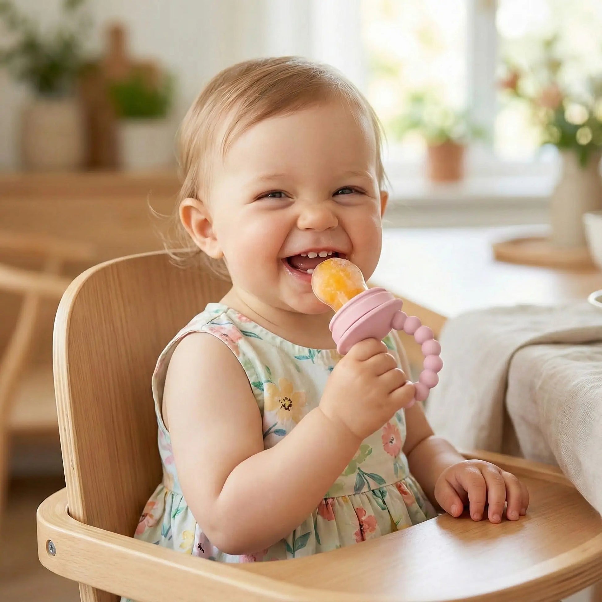 une fillette se rafraîchit avec les fruits glacés dans la tétine de la grignoteuse bebe perle rose