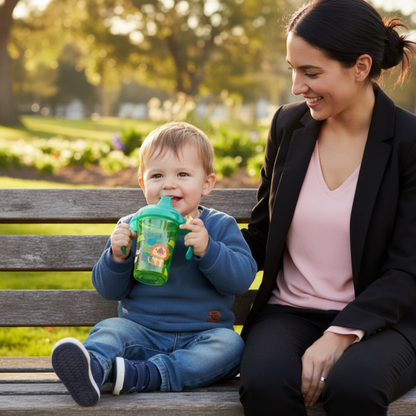 Petit garçon au parc avec le verre pour bébé coloris vert à motifs jungle
