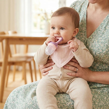 sur les genoux de sa maman, un enfnat se soulage les gencives avec l'anneau de préhension de la grignoteuse bébé securdent coloris violet