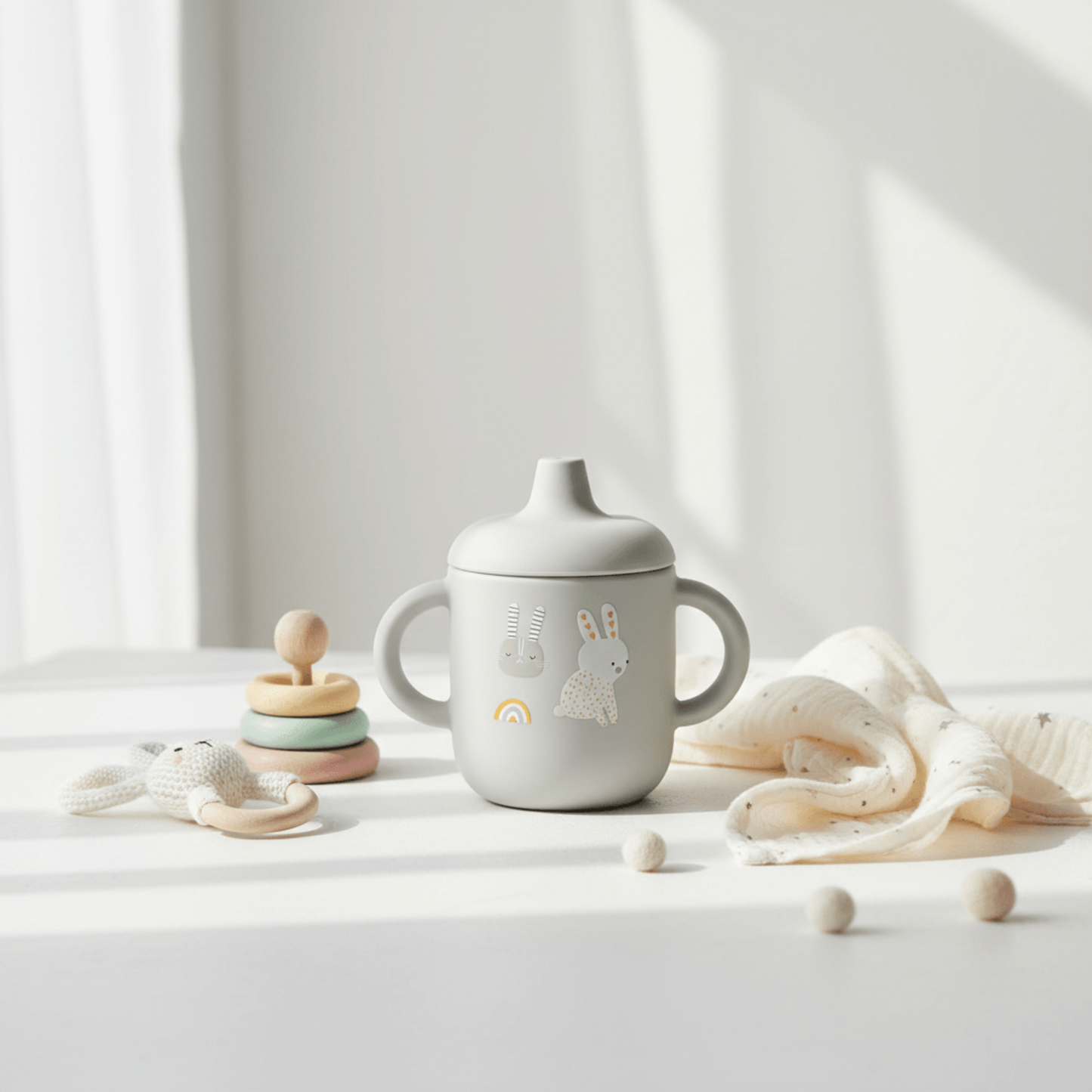 gobelet bebe gris motifs lapins