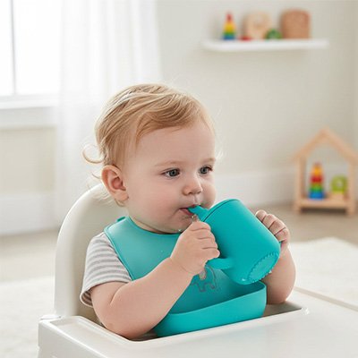 enfant autonome qui boit à la paille de son gobelet bebe bleu