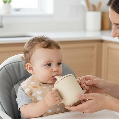 maman aide son enfant à boire dans le gobelet bebe avec paille coloris beige