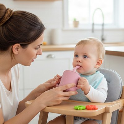 maman aide son enfant à boire dans le gobelet bebe avec paille rose
