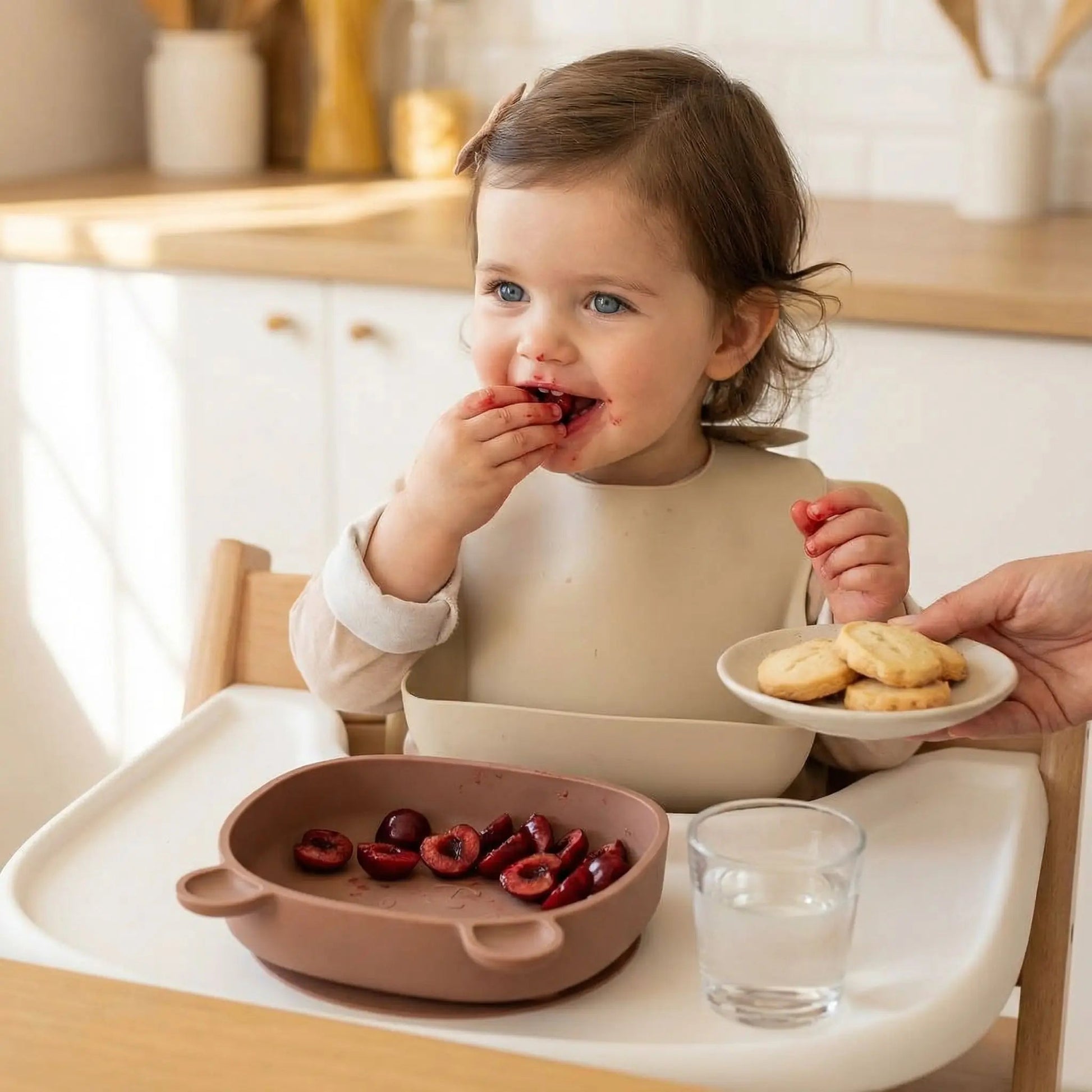 goûter de cerises dans l'assiette bébé ventouse coloris marron