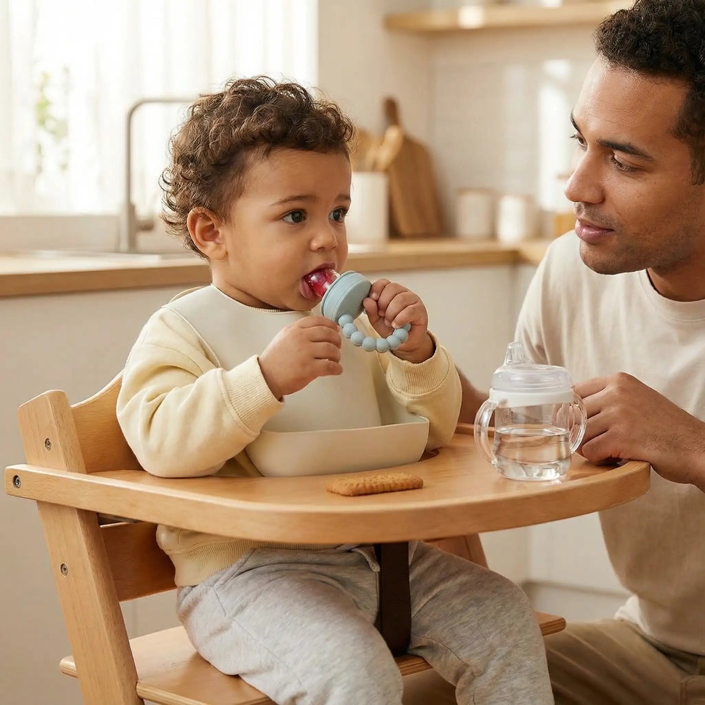 un petit garçon prend son goûter de fruit avec la grignoteuse bebe perle coloris bleu sous la surveillance attentive de son papa