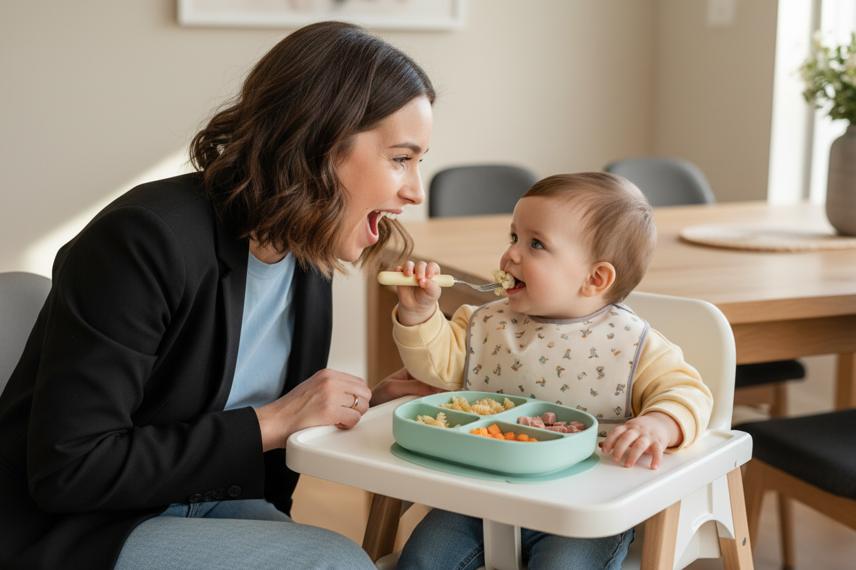 Maman et bébé partageant un moment de complicité pendant le repas