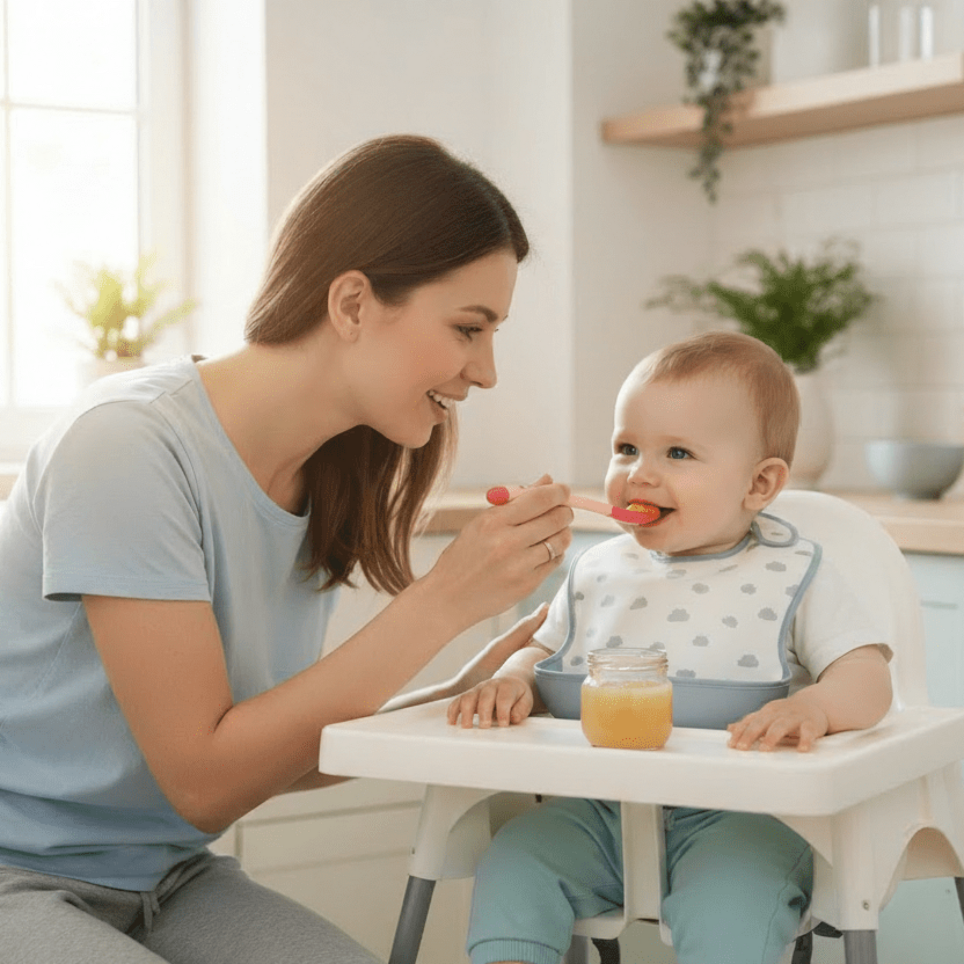 maman nourrissant son enfant avec la cuillère bébé thermosensible rose