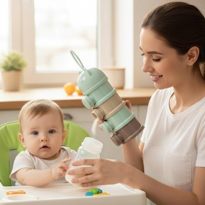 une maman verse la poudre contenue dans la boite doseuse lait Nomad'bébé coloris vert dans un biberon devant son enfant