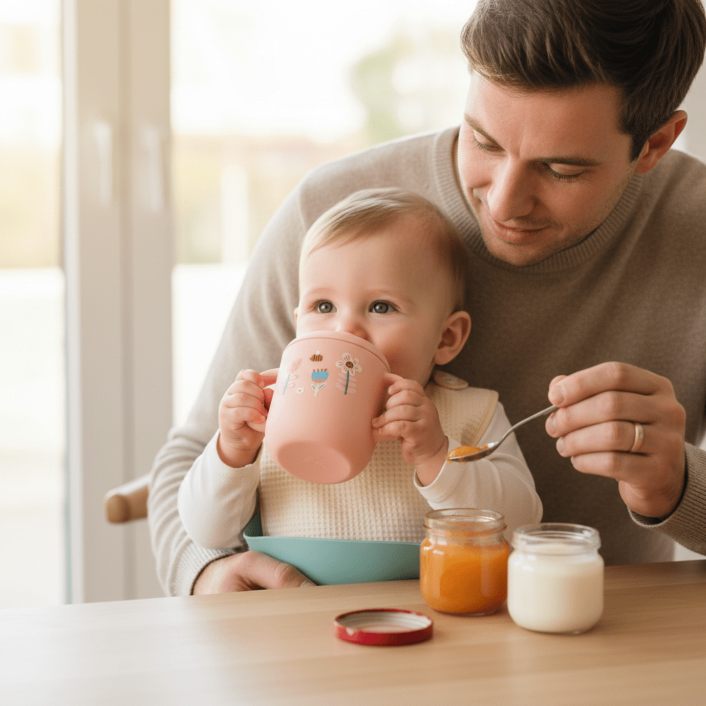 moment pere enfant au gouter avec le gobelet bebe rose motifs fleurs