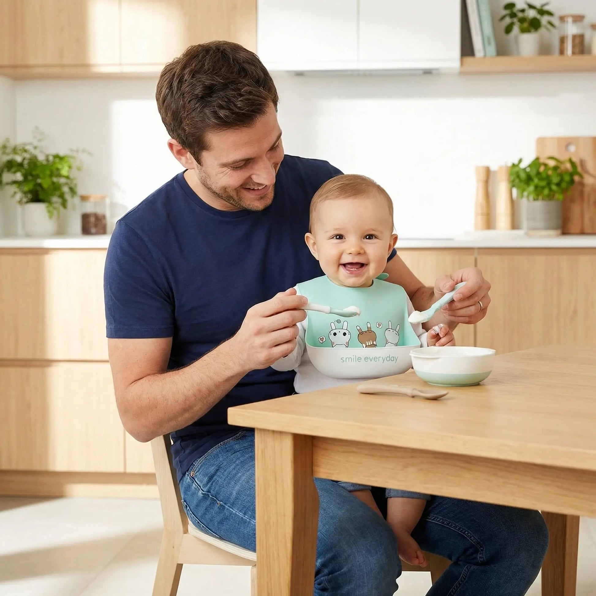 un papa accompagne son bebe au gouter en lui donnant un laitage avec le bavoir impermeable silicone vert motif chaton