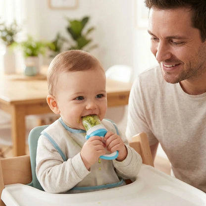 un papa donne à son bébé pour le goûter des fruits dans la grignoteuse bébé securdent coloris bleu