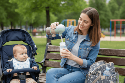 dans un parc pour enfant, une maman prépare un biberon avec la boite doseuse lait Nomad'Bébé coloris vert