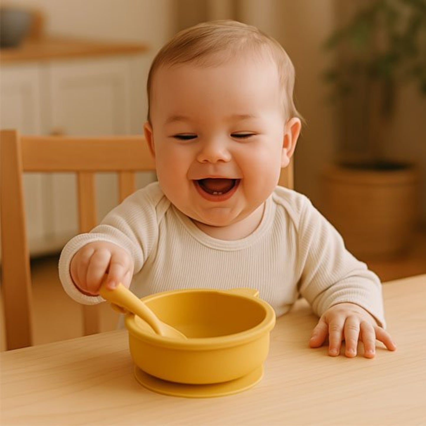 Un petit enfant s'amuse à attraper la cuillère assortie à l'assiette pour bébé antidérapante ergonomique coloris jaune